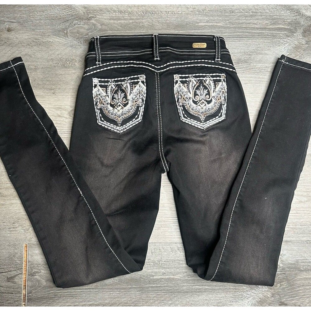 Silver Diva Black Skinny Jeans Women's Sz 3 Rhinestone Embellished Thick Stitch
